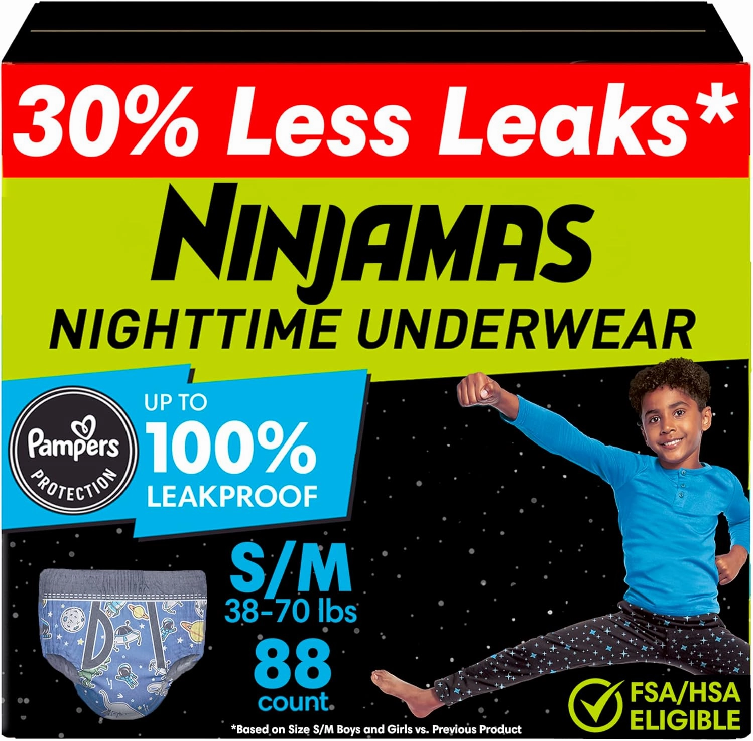 Ninjamas Boys Bedwetting Nighttime Underwear, Size S/M (38-70 lbs), 88 Count, Overnight Protection, Ultra Absorbent, Hypoallergenic