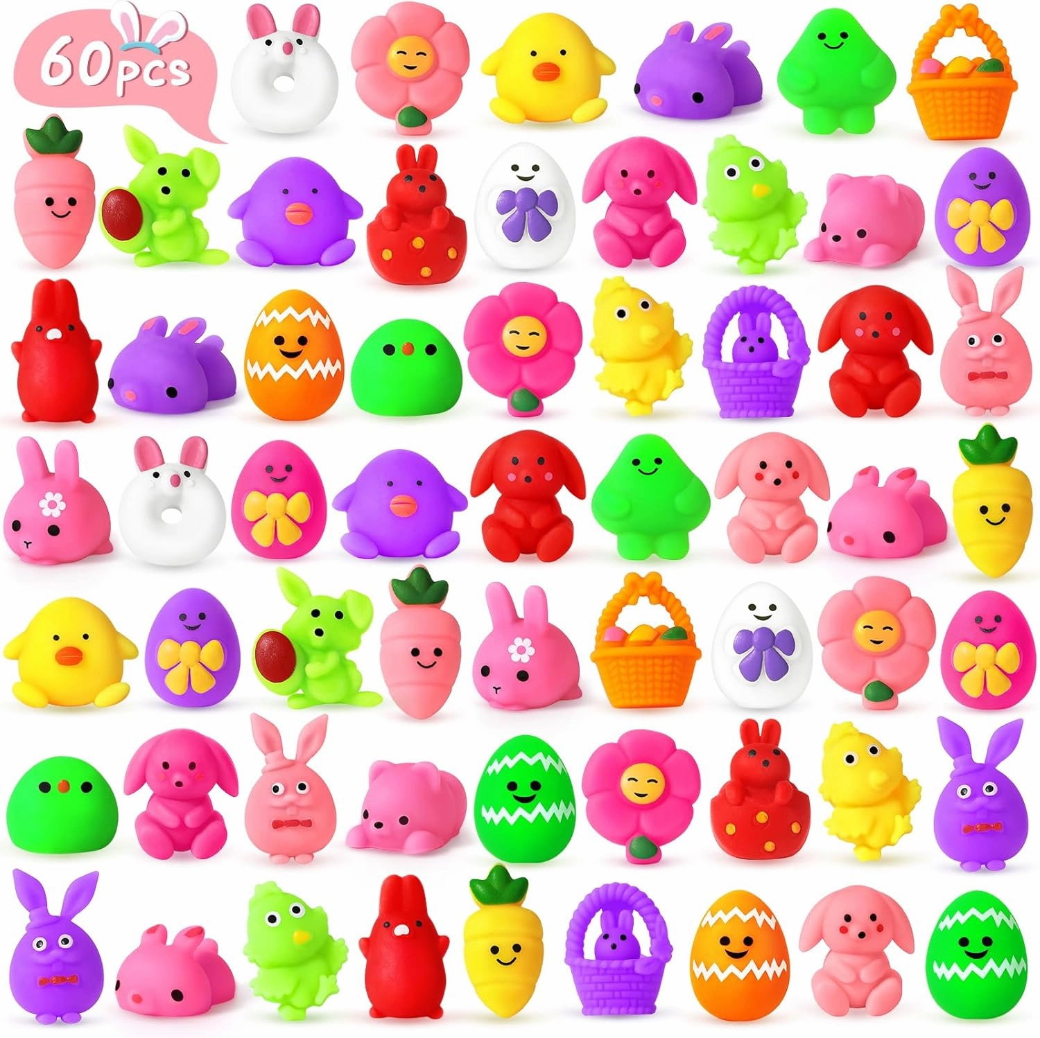 NPET 60pcs Easter Mochi Squishy Toy, Easter Eggs Stuffers Filler Easter Squishies Toy Bulk Easter Treat Squishy Toy, Easter Basket Stuffers Squishies Toy Gifts for Girls Boys Party Favor Squishy Toy