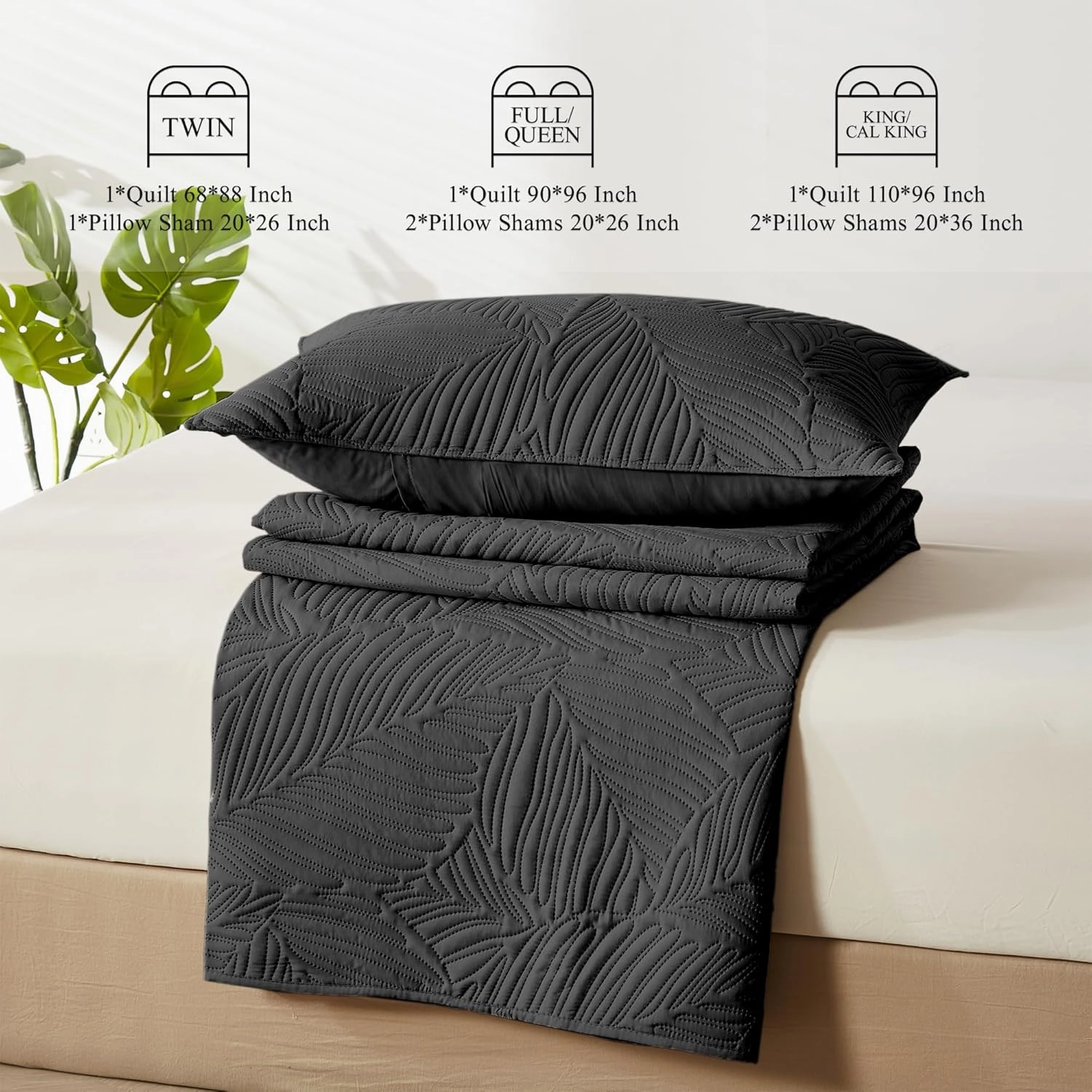 OARAGE Twin Quilt Bedding Set Soft Lightweight Black Bedspread with Leaf Pattern Ultrasonic Microfiber Bed Coverlet for All Season (1 Quilt,1 Sham)