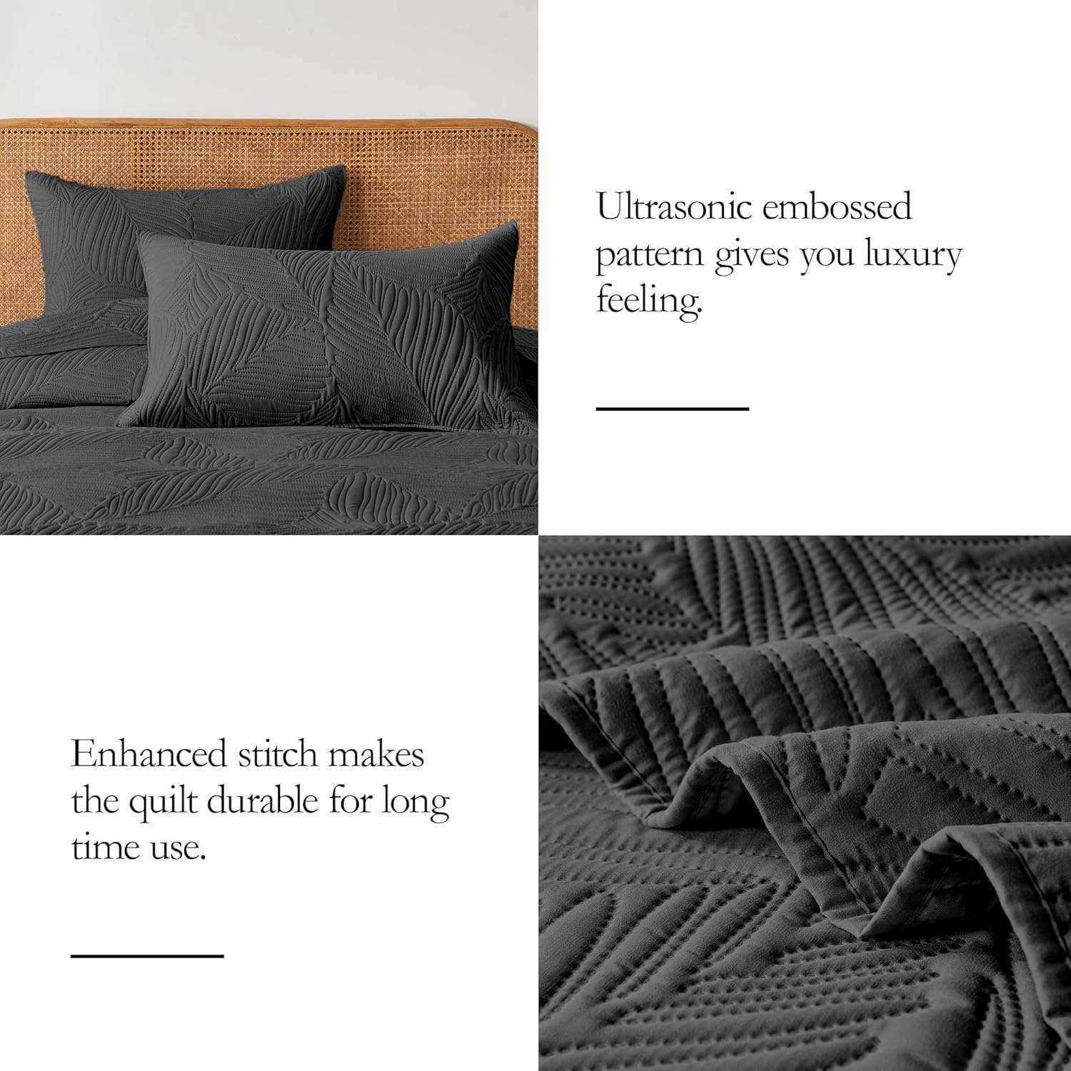OARAGE Twin Quilt Bedding Set Soft Lightweight Black Bedspread with Leaf Pattern Ultrasonic Microfiber Bed Coverlet for All Season (1 Quilt,1 Sham)