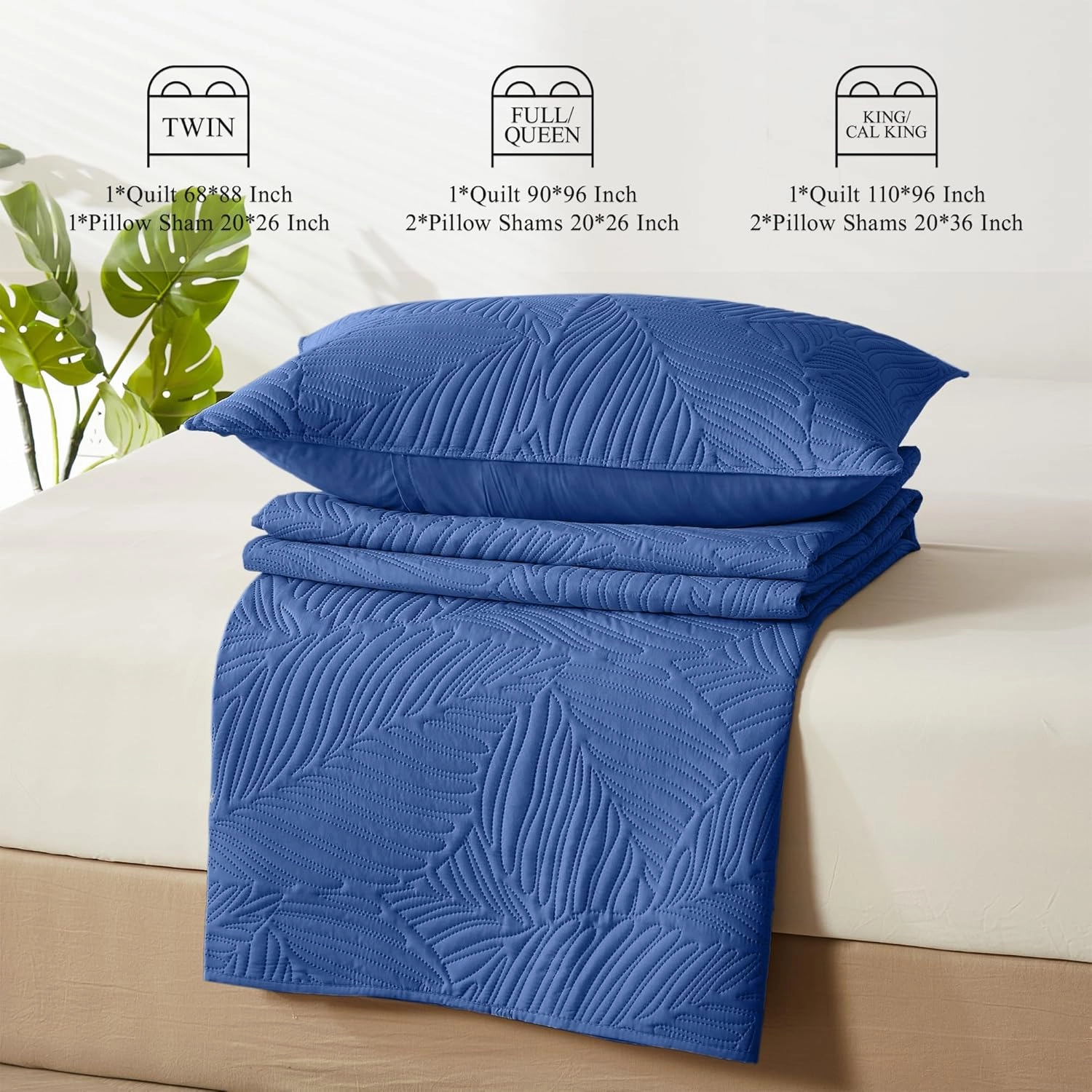 OARAGE Twin Quilt Bedding Set Soft Lightweight Dark Blue Bedspread with Leaf Pattern Ultrasonic Microfiber Bed Coverlet for All Season (1 Quilt,1 Sham)