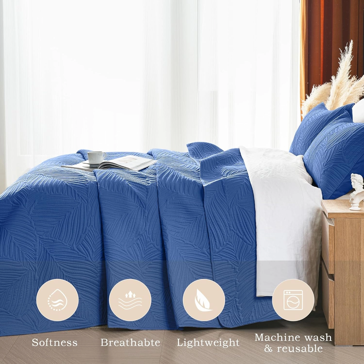 OARAGE Twin Quilt Bedding Set Soft Lightweight Dark Blue Bedspread with Leaf Pattern Ultrasonic Microfiber Bed Coverlet for All Season (1 Quilt,1 Sham)