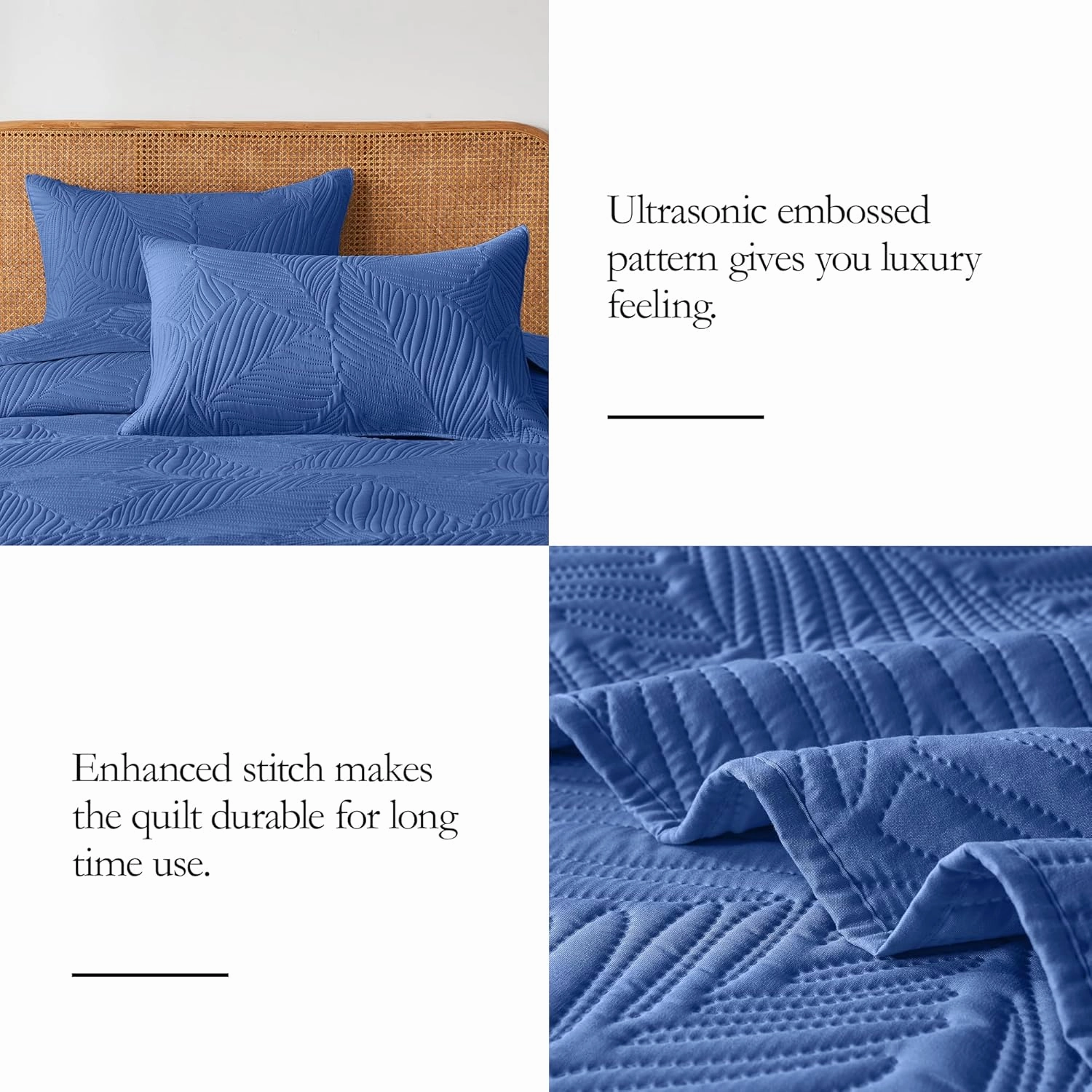 OARAGE Twin Quilt Bedding Set Soft Lightweight Dark Blue Bedspread with Leaf Pattern Ultrasonic Microfiber Bed Coverlet for All Season (1 Quilt,1 Sham)