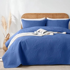 OARAGE Twin Quilt Bedding Set Soft Lightweight Dark Blue Bedspread with Leaf Pattern Ultrasonic Microfiber Bed Coverlet for All Season (1 Quilt,1 Sham)