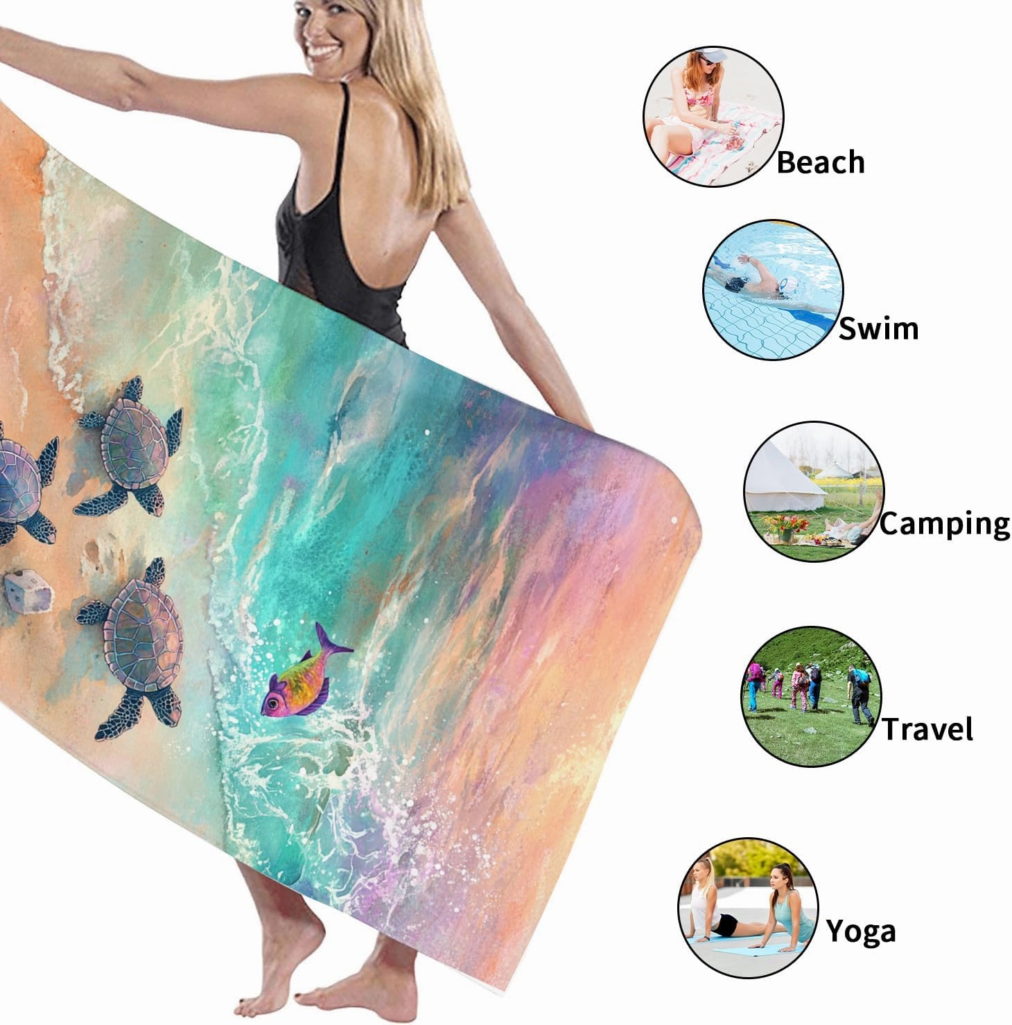 Ocean Breeze Turtles Beach Towel Blue Sea Turtle Design Quick Dry Absorbent Sand Free Lightweight Shower Picnic Essentials 62x31 Inch