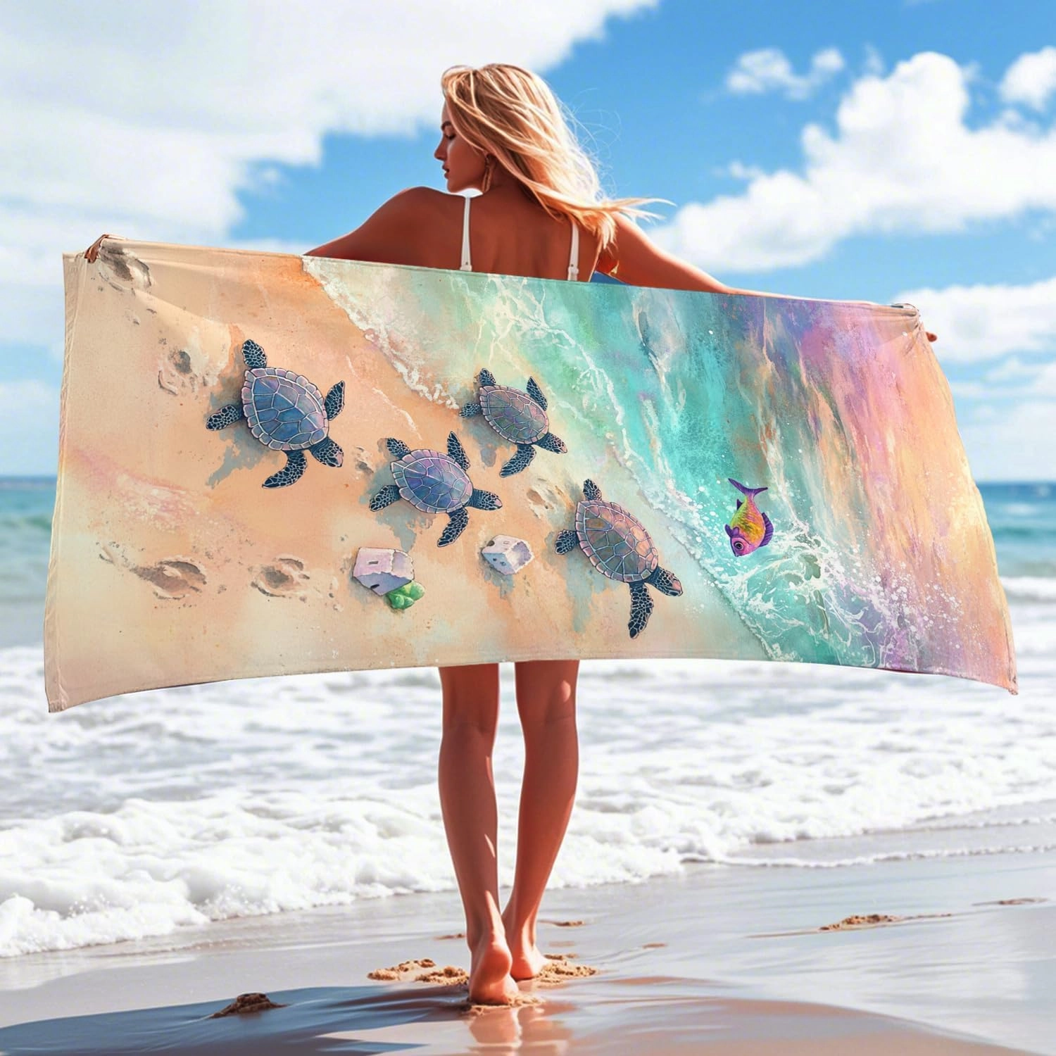 Ocean Breeze Turtles Beach Towel Blue Sea Turtle Design Quick Dry Absorbent Sand Free Lightweight Shower Picnic Essentials 62x31 Inch