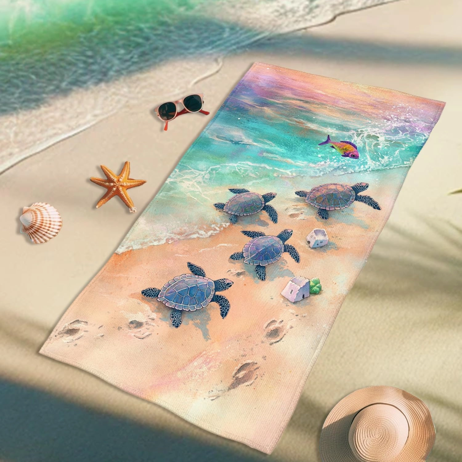 Ocean Breeze Turtles Beach Towel Blue Sea Turtle Design Quick Dry Absorbent Sand Free Lightweight Shower Picnic Essentials 62x31 Inch