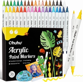 Ohuhu Acrylic Paint Markers Cotton-core: 36 Colors Dual Tips (Brush & Fine) Paint Pens High Opacity Acrylic Markers Waterproof Lightfast for Rock Painting Easter Eggs Wood Glass Ceramic Canvas