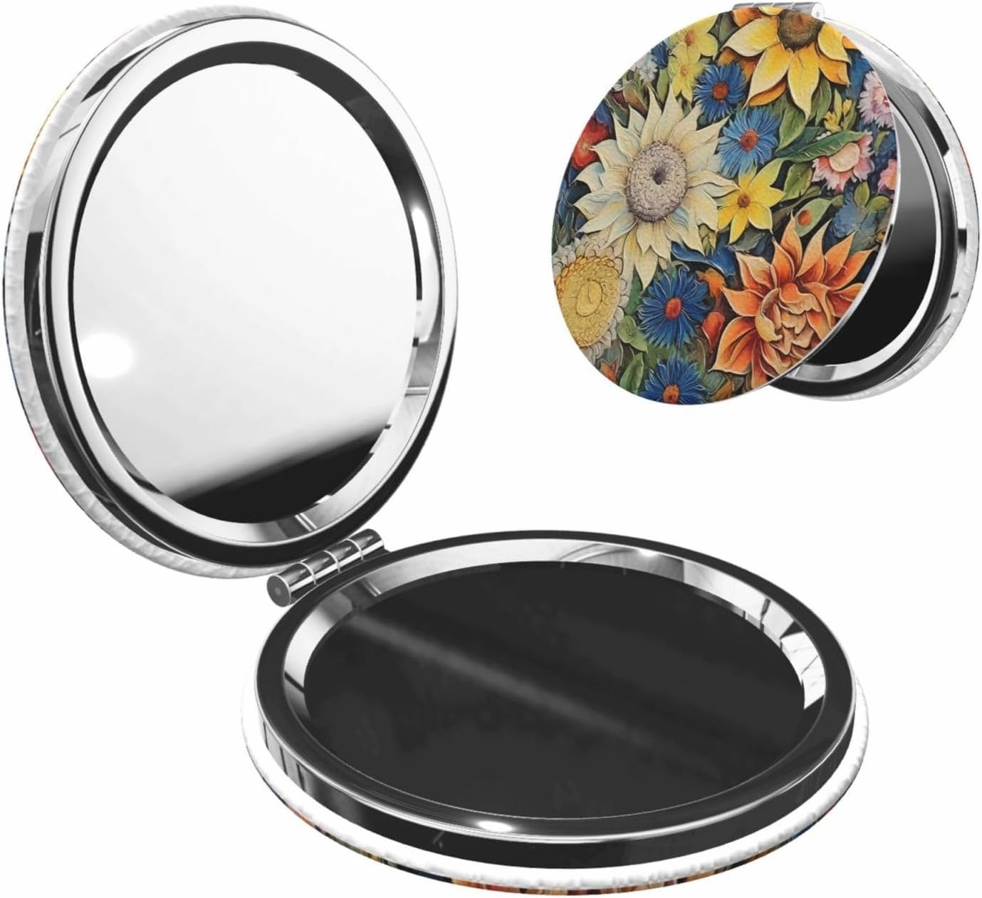 Oil on Canvas Sunflower Makeup Mirror Portable Folding Mini Mirror Double Sided Travel Makeup Mirror Round Shape Handheld Pocket Mirror