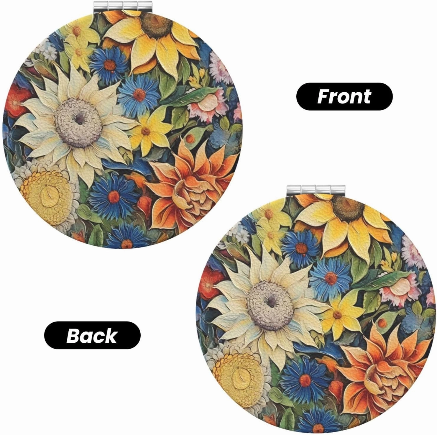 Oil on Canvas Sunflower Makeup Mirror Portable Folding Mini Mirror Double Sided Travel Makeup Mirror Round Shape Handheld Pocket Mirror