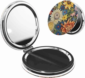 Oil on Canvas Sunflower Makeup Mirror Portable Folding Mini Mirror Double Sided Travel Makeup Mirror Round Shape Handheld Pocket Mirror