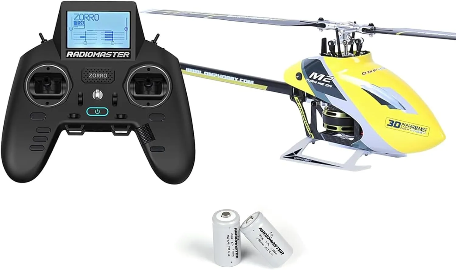 OMPHOBBY M2 EVO MK2 Ready To Fly RC Helicopter & OSHM2344 Zorro Radio Controller Battery Bundle
