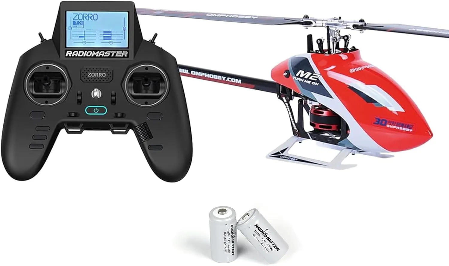 OMPHOBBY M2 EVO MK2 Ready To Fly RC Helicopter & OSHM2344 Zorro Radio Controller Battery Bundle