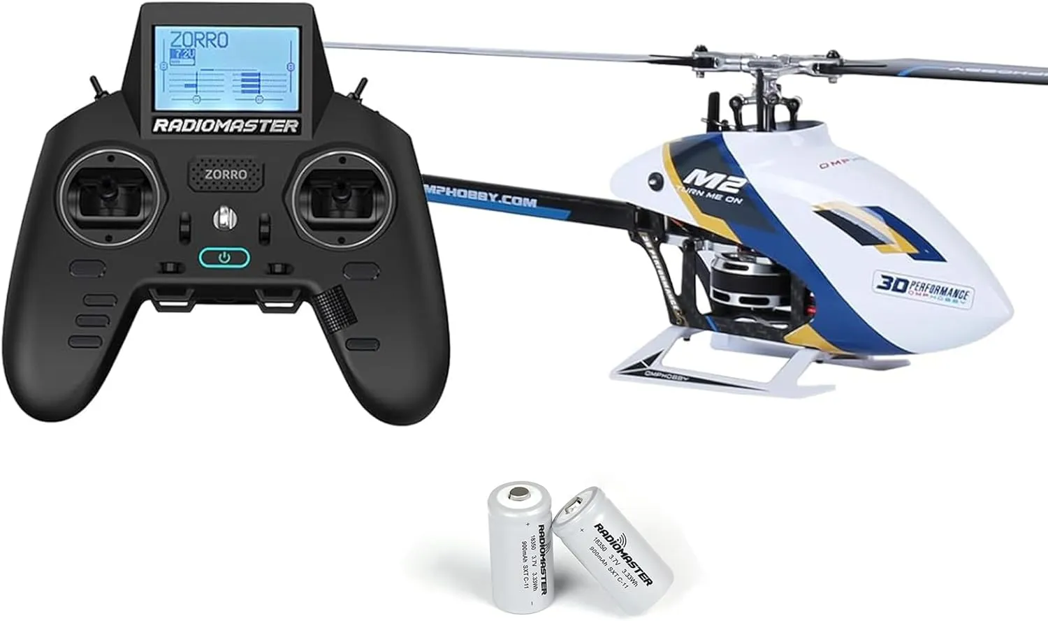 OMPHOBBY M2 EVO MK2 Ready To Fly RC Helicopter & OSHM2344 Zorro Radio Controller Battery Bundle
