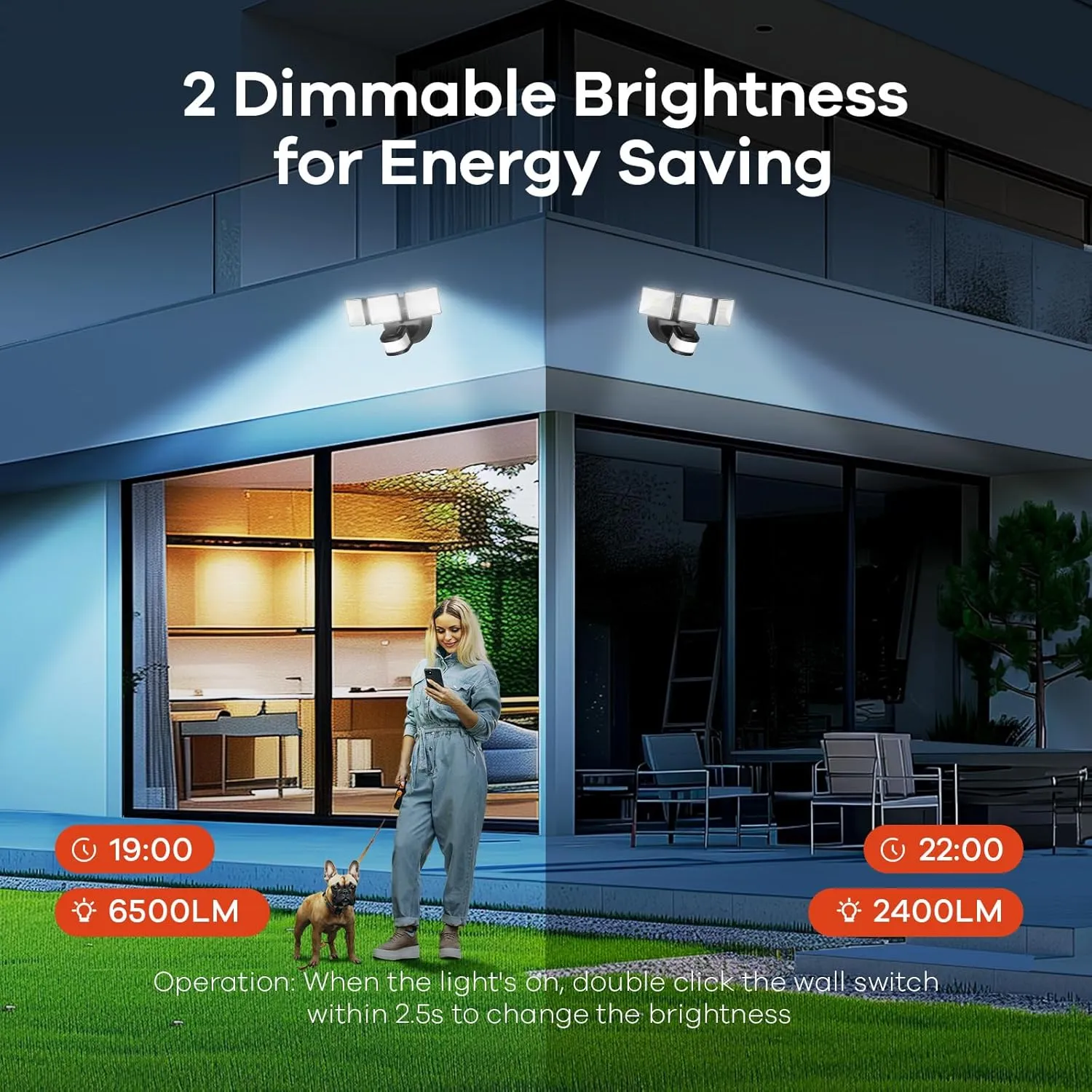 OREiN 6500LM/42W Flood Lights Outdoor, 180°/75FT Motion Sensor Outdoor Lights 4 Modes Dimmable Dusk to Dawn Floodlights IP65 Waterproof for 6000SQ.FT Area for Big Patio, Driveway, Black (Hardwired)