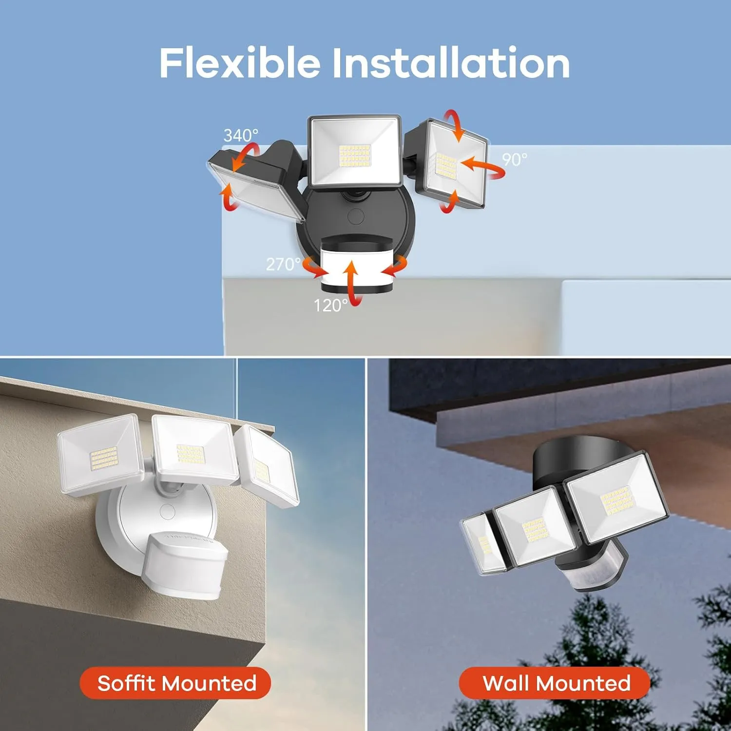 OREiN 6500LM/42W Flood Lights Outdoor, 180°/75FT Motion Sensor Outdoor Lights 4 Modes Dimmable Dusk to Dawn Floodlights IP65 Waterproof for 6000SQ.FT Area for Big Patio, Driveway, Black (Hardwired)