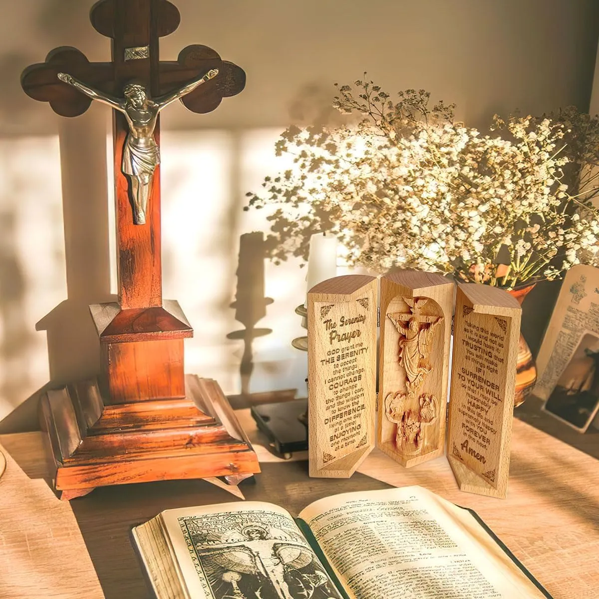 Our Father in Heaven Christian Decor, Catholic Wooden Statue, Sculpture Nativity Family, Statue of Jesus, Home Decor - Openable Wooden Cylinder Sculpture of Jesus (The Serenity)