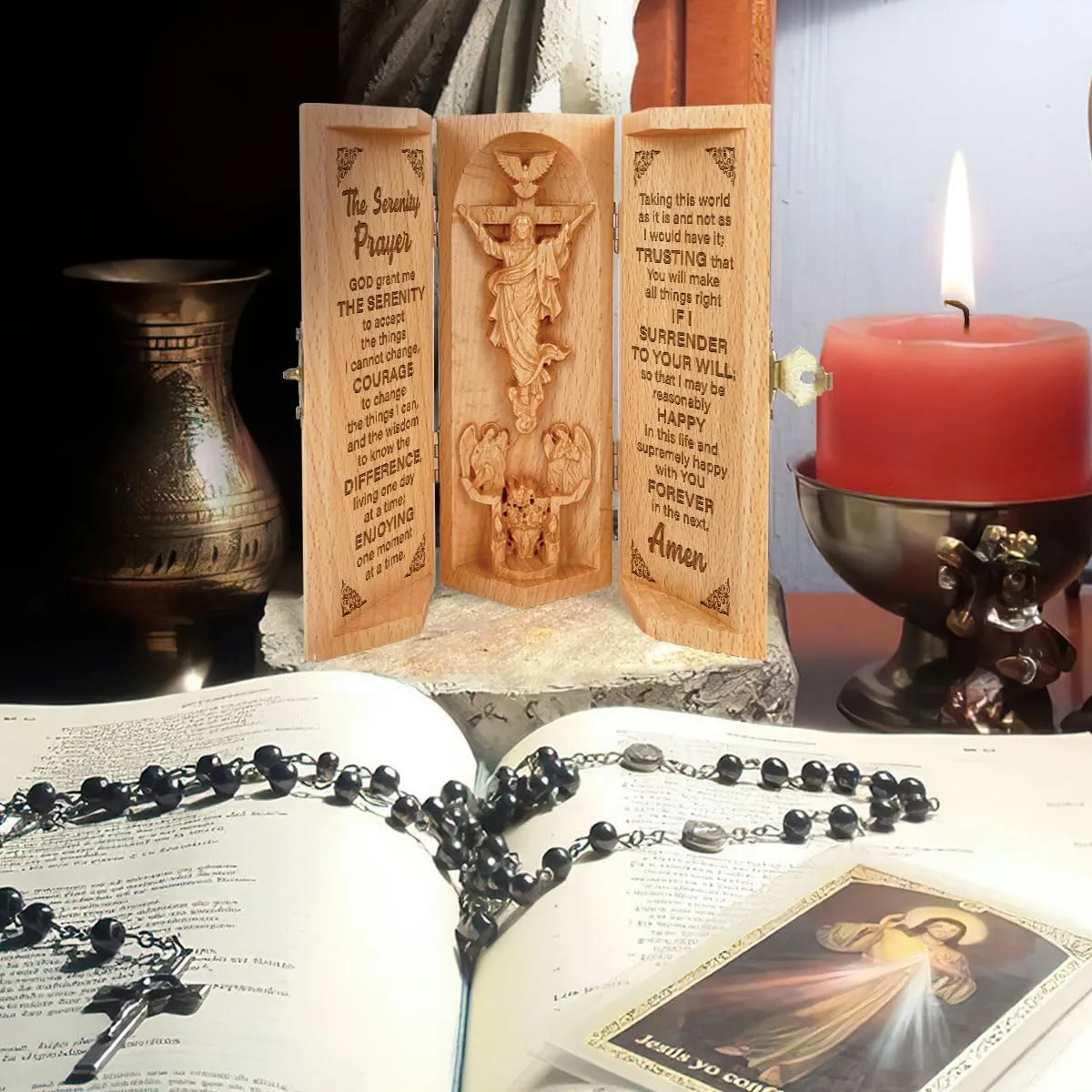 Our Father in Heaven Christian Decor, Catholic Wooden Statue, Sculpture Nativity Family, Statue of Jesus, Home Decor - Openable Wooden Cylinder Sculpture of Jesus (The Serenity)
