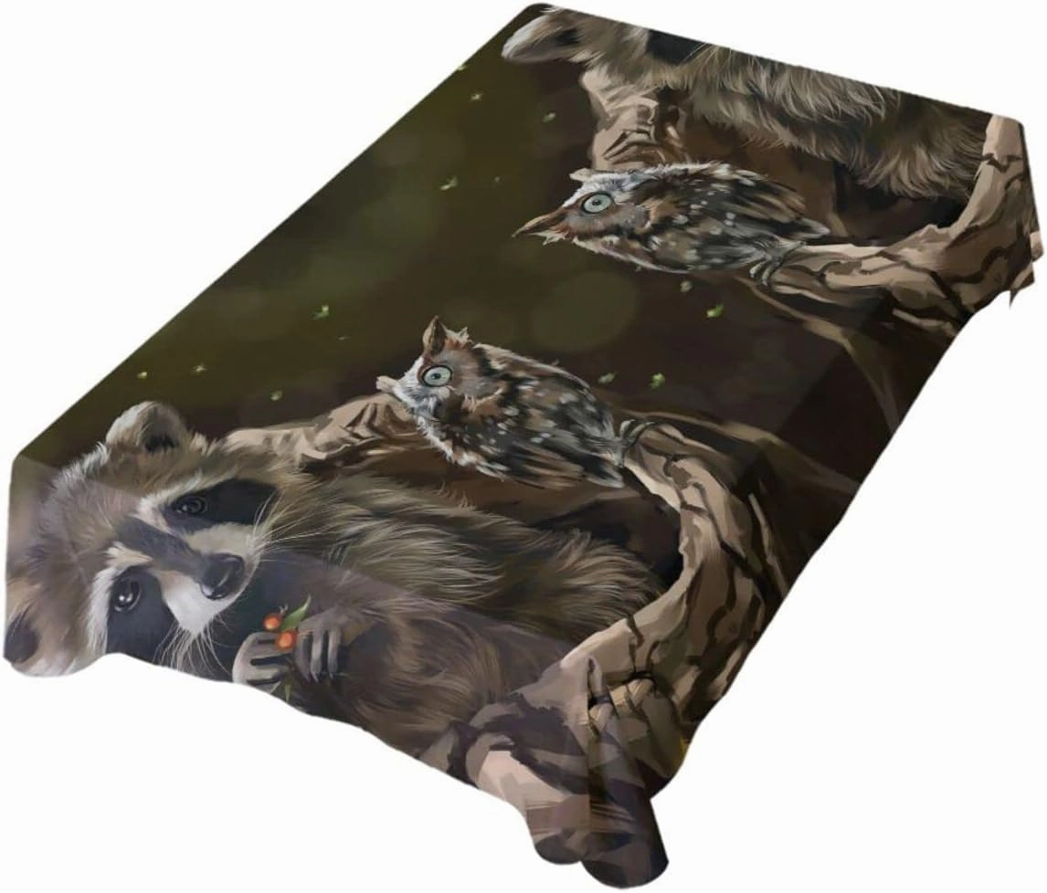 Oyihfvs Raccoon Owl Animal Rectangle Wrinkle Tablecloth, Stain Proof Table Cloth Cover for Indoor Dining Outdoor Party Picnic Decor 54 x 72 in