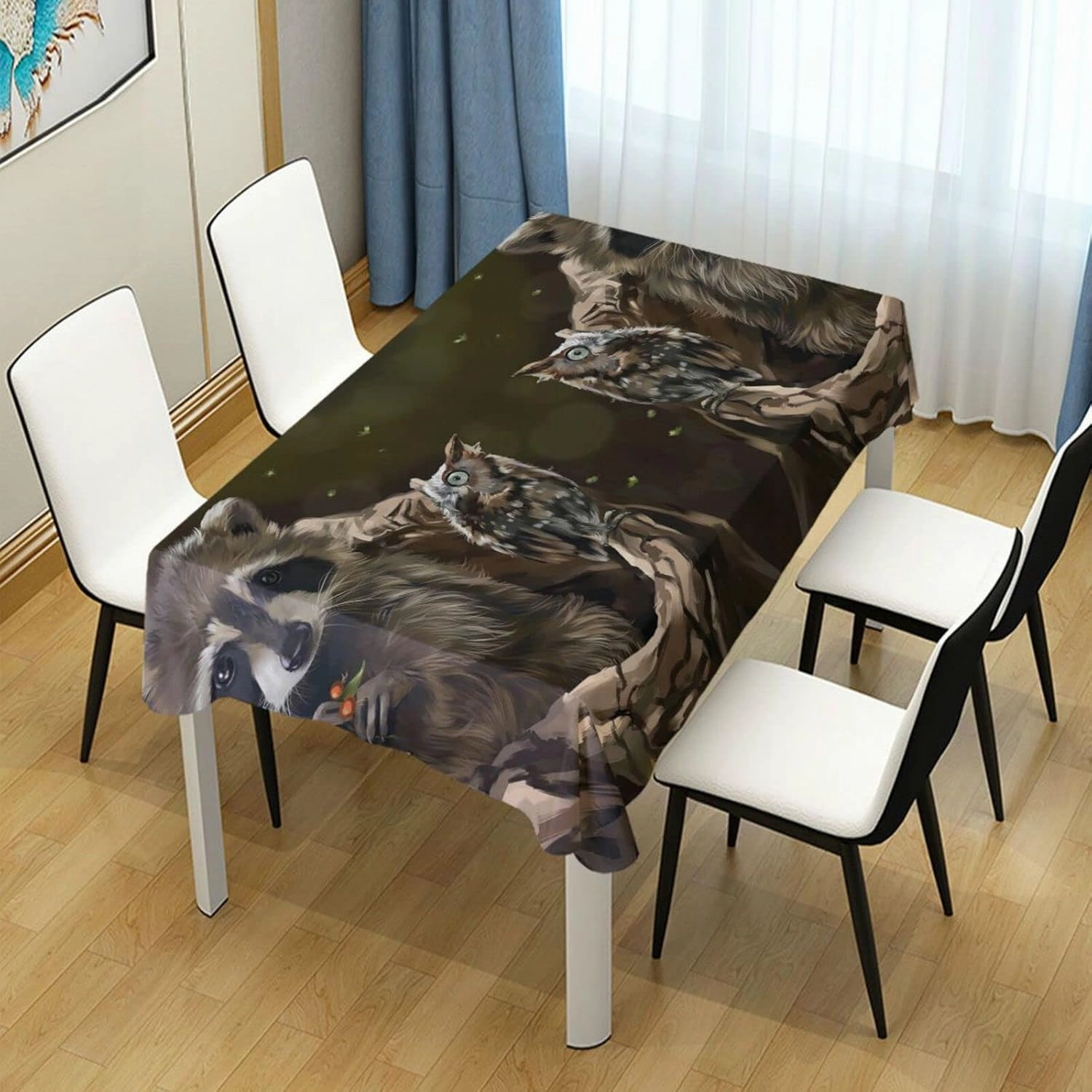 Oyihfvs Raccoon Owl Animal Rectangle Wrinkle Tablecloth, Stain Proof Table Cloth Cover for Indoor Dining Outdoor Party Picnic Decor 54 x 72 in