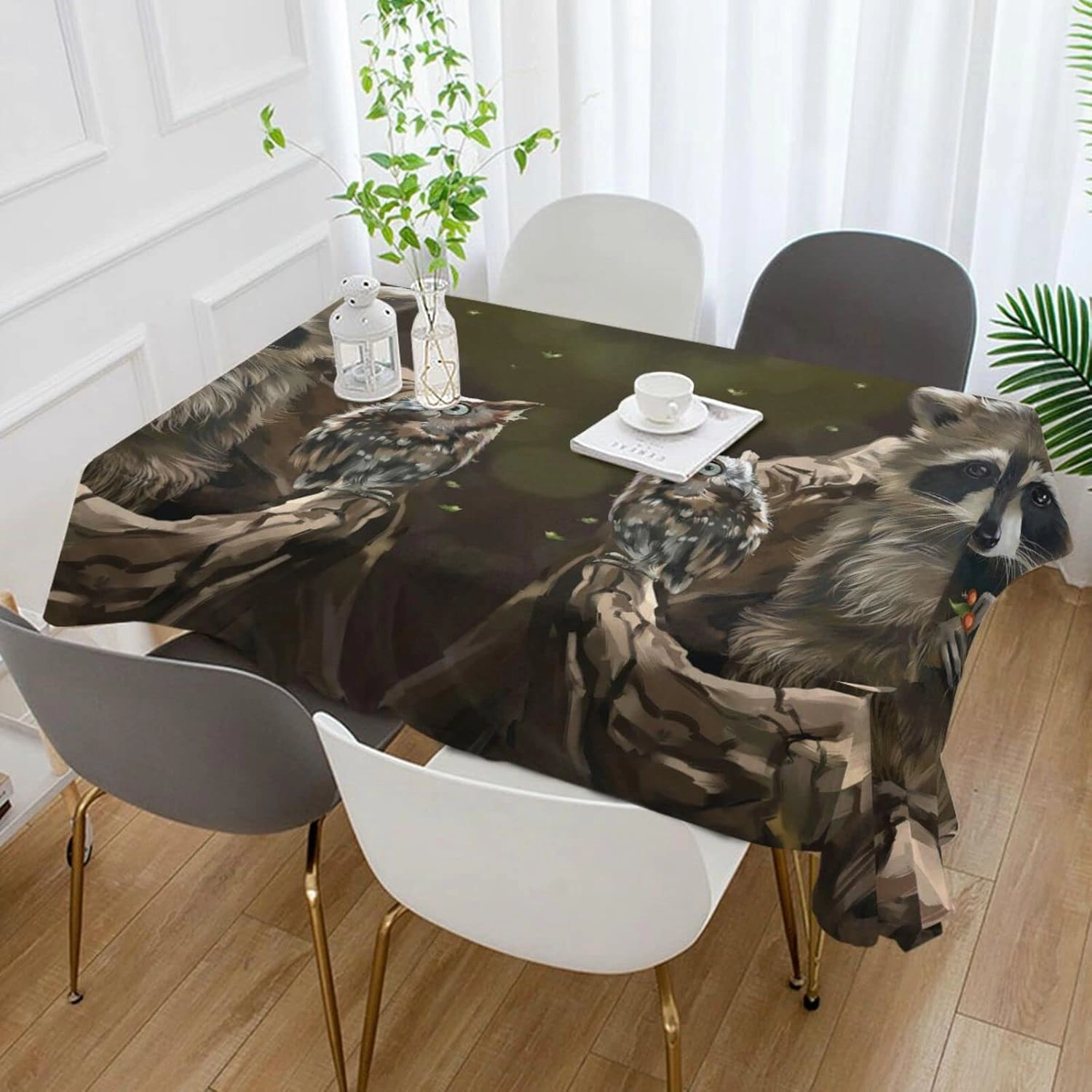 Oyihfvs Raccoon Owl Animal Rectangle Wrinkle Tablecloth, Stain Proof Table Cloth Cover for Indoor Dining Outdoor Party Picnic Decor 54 x 72 in