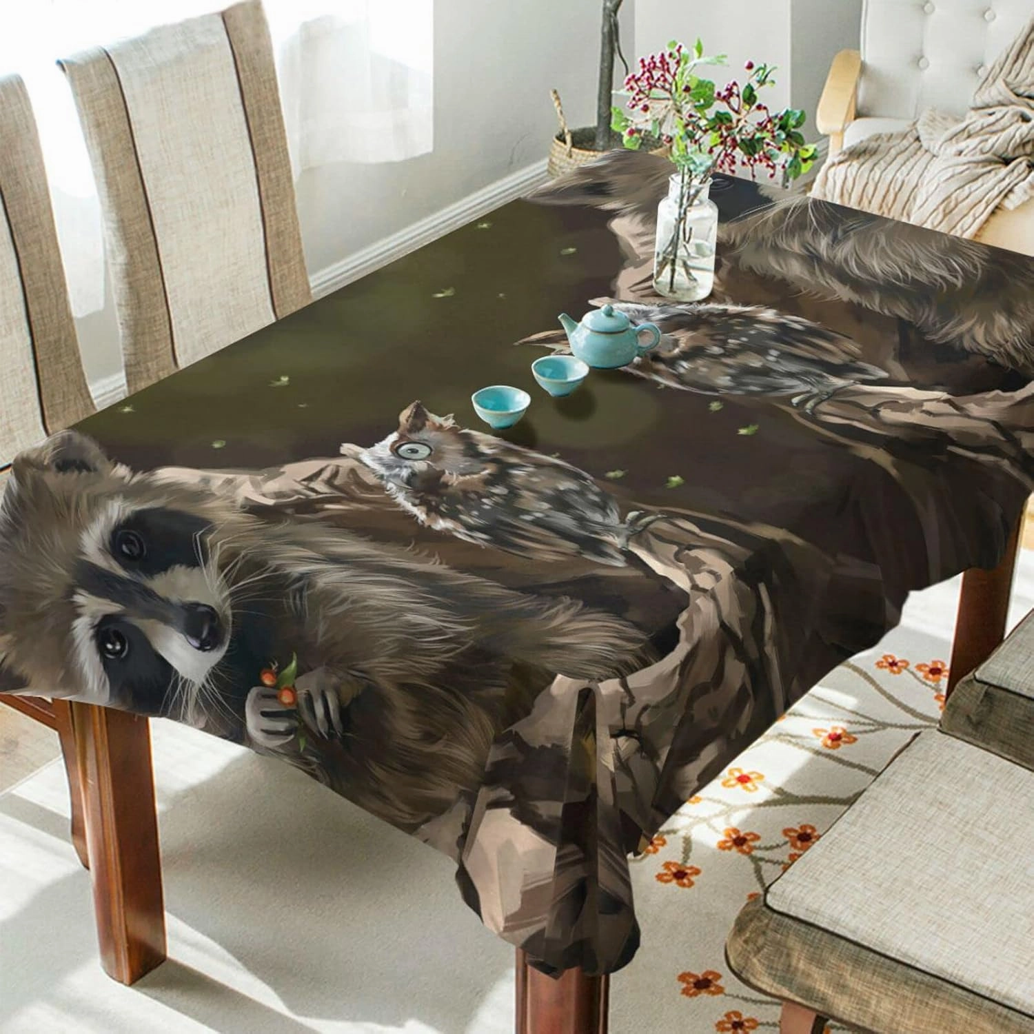 Oyihfvs Raccoon Owl Animal Rectangle Wrinkle Tablecloth, Stain Proof Table Cloth Cover for Indoor Dining Outdoor Party Picnic Decor 54 x 72 in