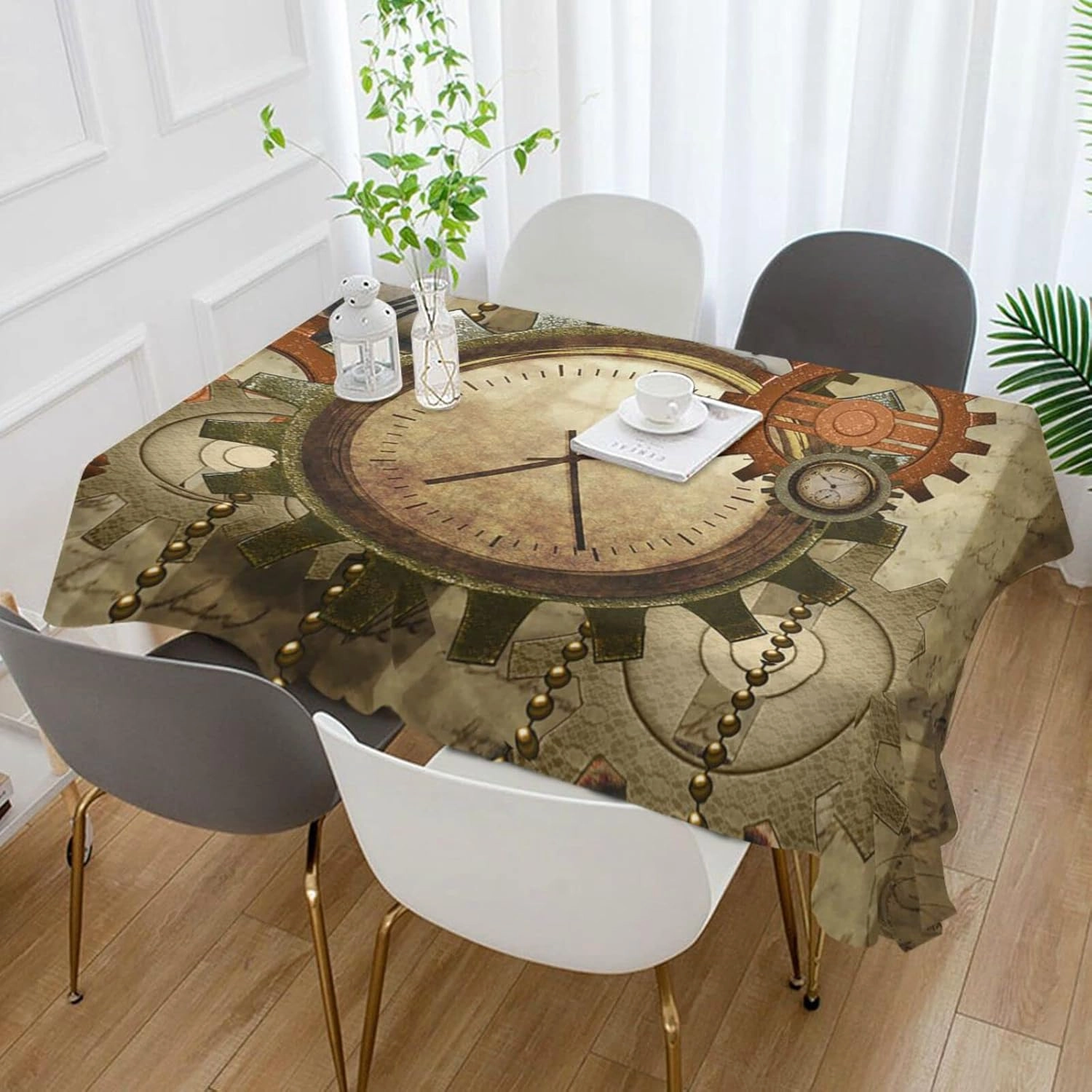 Oyihfvs Retro Steampunk Clocks Gears Rectangle Wrinkle Tablecloth, Stain Proof Table Cloth Cover for Indoor Dining Outdoor Party Picnic Decor 54 x 72 in