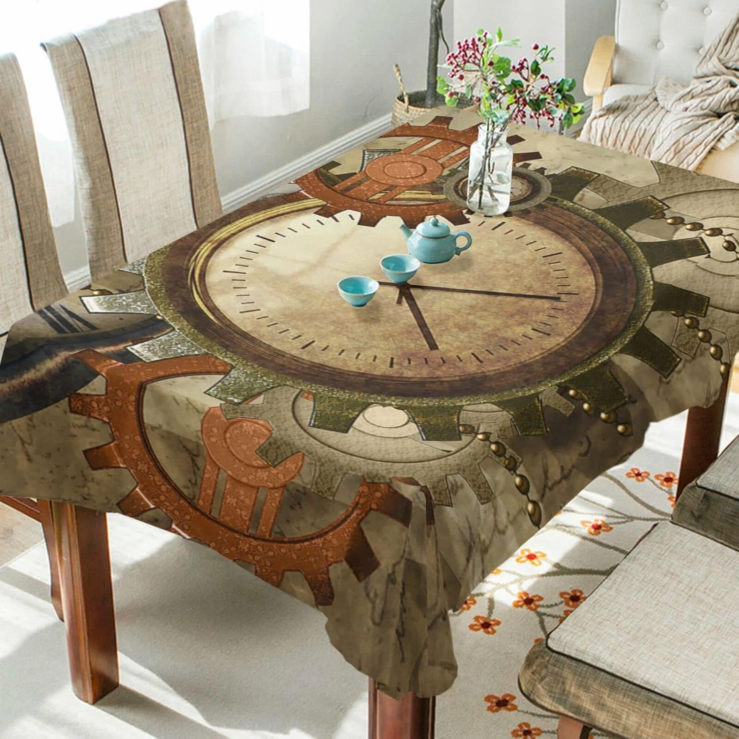 Oyihfvs Retro Steampunk Clocks Gears Rectangle Wrinkle Tablecloth, Stain Proof Table Cloth Cover for Indoor Dining Outdoor Party Picnic Decor 54 x 72 in