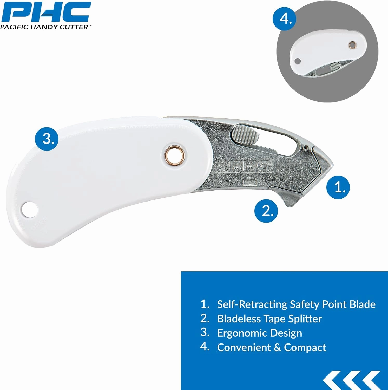 Pacific Handy Cutter PSC2 Pocket Safety Cutter, Box of 12, White, Compact Design with Integrated Bladeless Tape Splitter, Self-Retracting Safety Point Blade for Boxes, Tape, String, Paper, or Plastic