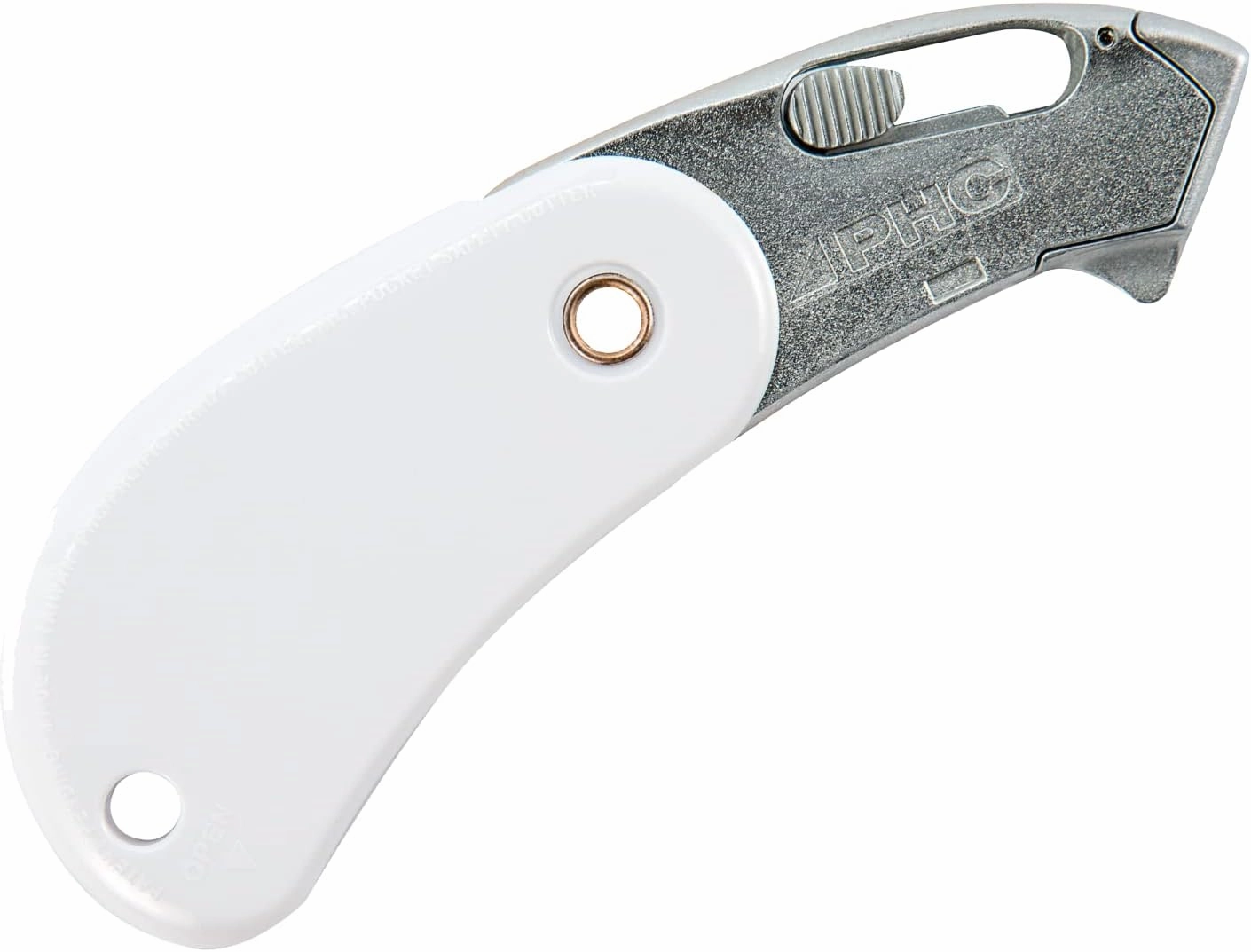 Pacific Handy Cutter PSC2 Pocket Safety Cutter, Box of 12, White, Compact Design with Integrated Bladeless Tape Splitter, Self-Retracting Safety Point Blade for Boxes, Tape, String, Paper, or Plastic