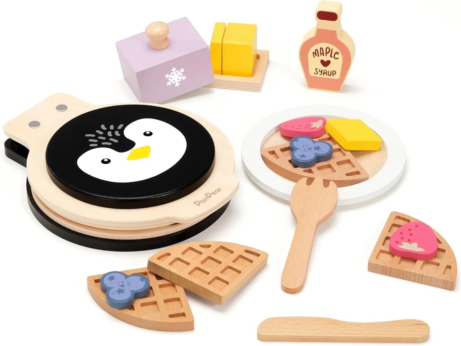 PairPear Wooden Waffle Maker Toy Food Playset, Kids Pretend Play Food Kitchen Accessories, Wooden Cooking Toy Baking Playset, Toddler Play Breakfast Brunch Tea Sets Cutting Food Gift for Girls Boys 3 