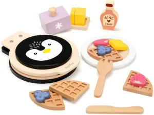 PairPear Wooden Waffle Maker Toy Food Playset, Kids Pretend Play Food Kitchen Accessories, Wooden Cooking Toy Baking Playset, Toddler Play Breakfast Brunch Tea Sets Cutting Food Gift for Girls Boys 3 