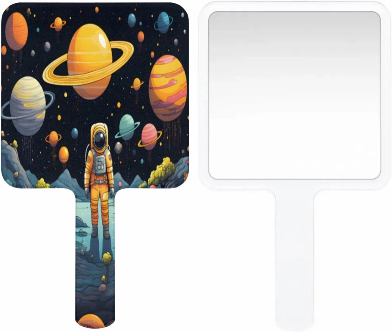 Pardick Compact Square Handheld Travel Mirror - 6.2x3.6 Inches, Ultra-Portable & Crystal-Clear, Cute Stuff for Women, Planet Orange Astronaut Makeup Mirror