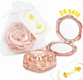 Party Souvenirs Rose Compact Mirror Bulk for Wedding Favors, Bridal Shower Guest Gift, Quinceanera, Portable Folding Travel Makeup Mirrors with White Organza Bags and Thank You Tags (24)