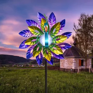 Peacock Solar Wind Spinner, Outdoor Decorative Metal Wind Sculpture with Cracked Glass Ball, Waterproof Art Windmill Landscape Stake Light for Lawn Patio Pathway Yard Courtyard Decor