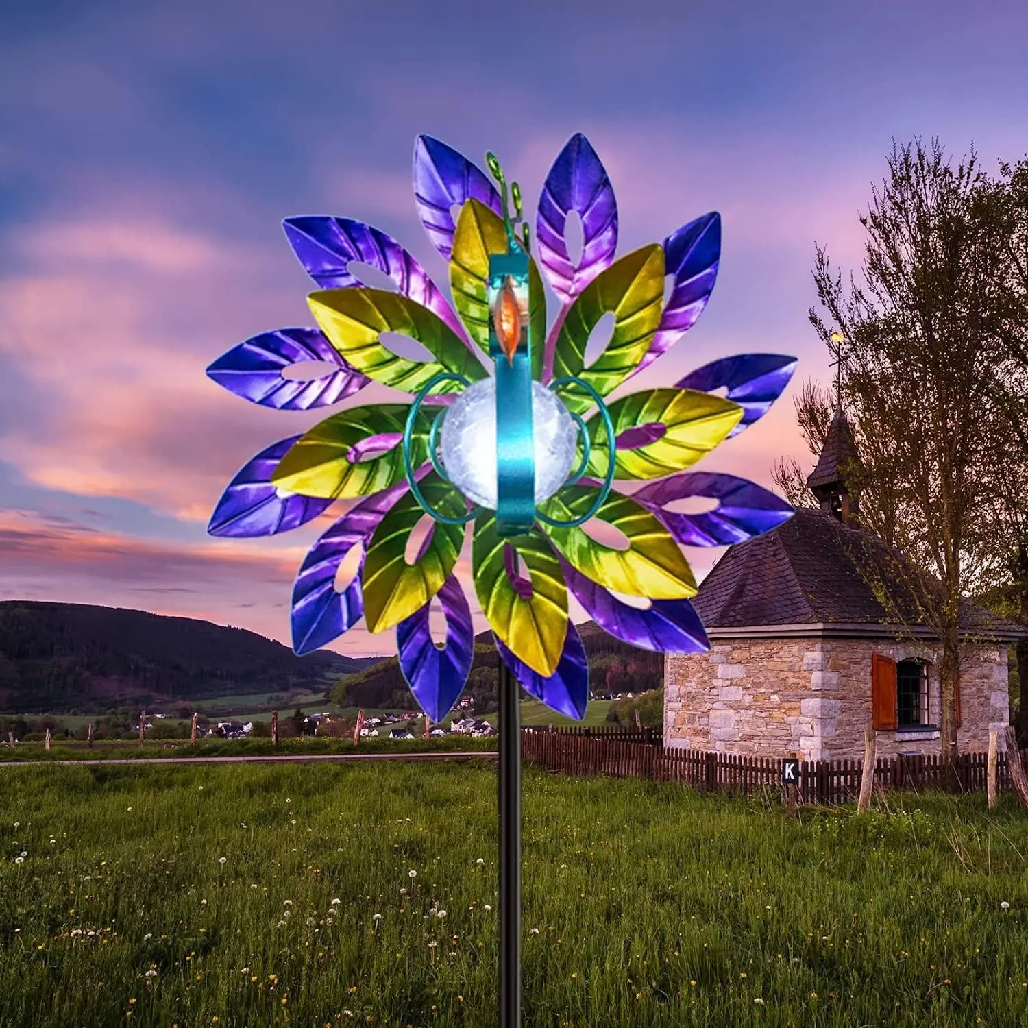Peacock Solar Wind Spinner, Outdoor Decorative Metal Wind Sculpture with Cracked Glass Ball, Waterproof Art Windmill Landscape Stake Light for Lawn Patio Pathway Yard Courtyard Decor