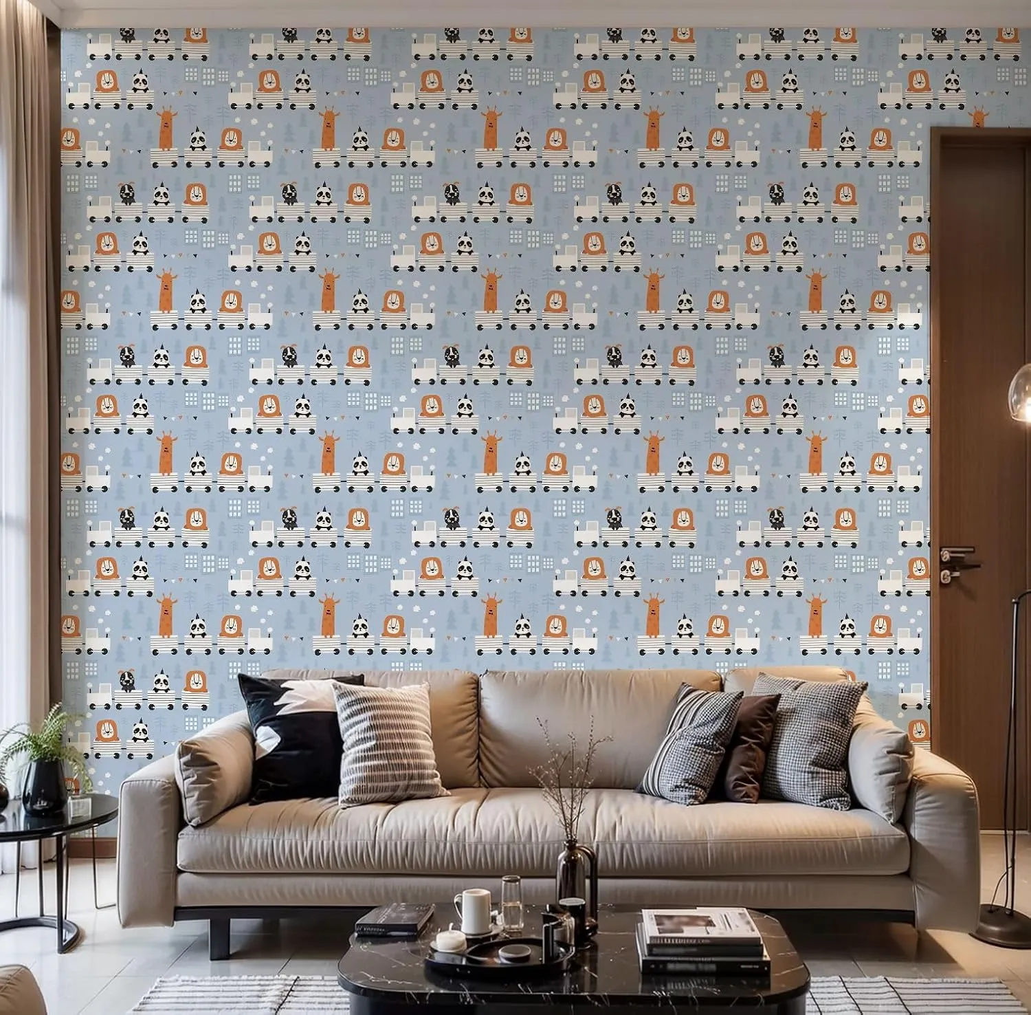 Peel and Stick Wallpaper Self Adhesive Wall Mural Children cute animals riding train Scandinavian style Creative Contact Paper Renter Friendly Wallpaper for Kitchen Nursery Bedroom 17.7"x118"