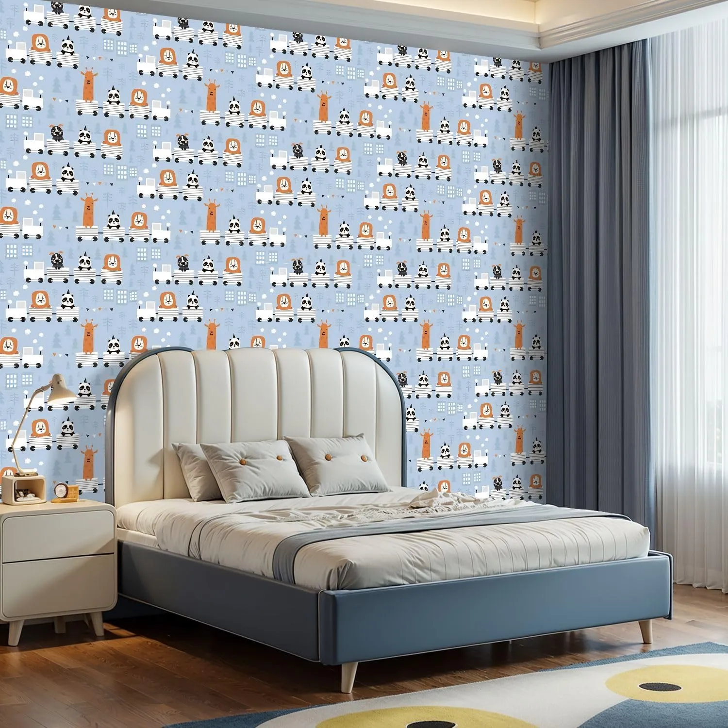 Peel and Stick Wallpaper Self Adhesive Wall Mural Children cute animals riding train Scandinavian style Creative Contact Paper Renter Friendly Wallpaper for Kitchen Nursery Bedroom 17.7"x118"