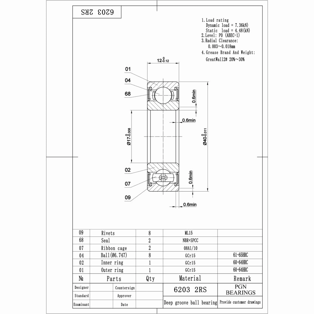 PGN (10 Pack) 6203-2RS Bearing - Lubricated Chrome Steel Sealed Ball Bearing - 17x40x12mm Bearings with Rubber Seal & High RPM Support