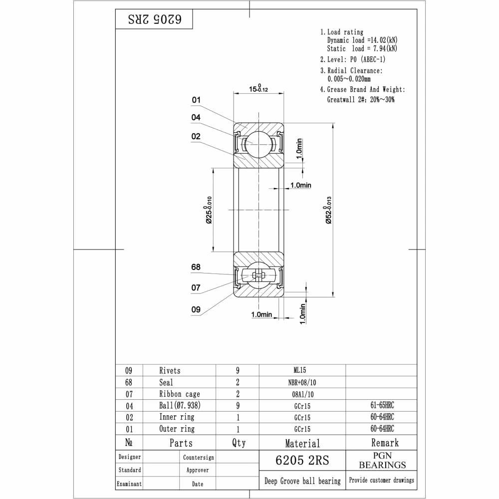 PGN (10 Pack) 6205-2RS Bearing - Lubricated Chrome Steel Sealed Ball Bearing - 25x52x15mm Bearings with Rubber Seal & High RPM Support