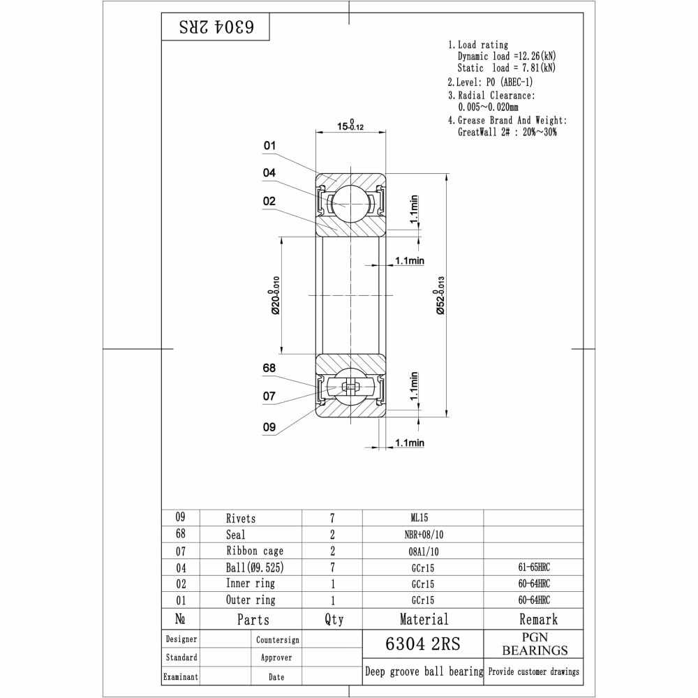 PGN (10 Pack) 6304-2RS Bearing - Lubricated Chrome Steel Sealed Ball Bearing - 20x52x15mm Bearings with Rubber Seal & High RPM Support