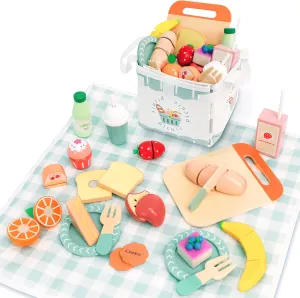 Picnic Playset - Wooden Play Food - Play Food Sets for Kids Kitchen - Pretend Food, Toy Food with Multifunctional Storage Bag, Non-Toxic Toy Picnic Set Best Gift for 3  Toddlers