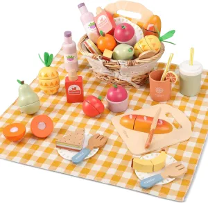 Picnic Playset, Wooden Play Food Set for Kids Kitchen, Cutting Pretend Play Kitchen Food Toy for Toddlers Girls Boys 3 4 5 Years Old