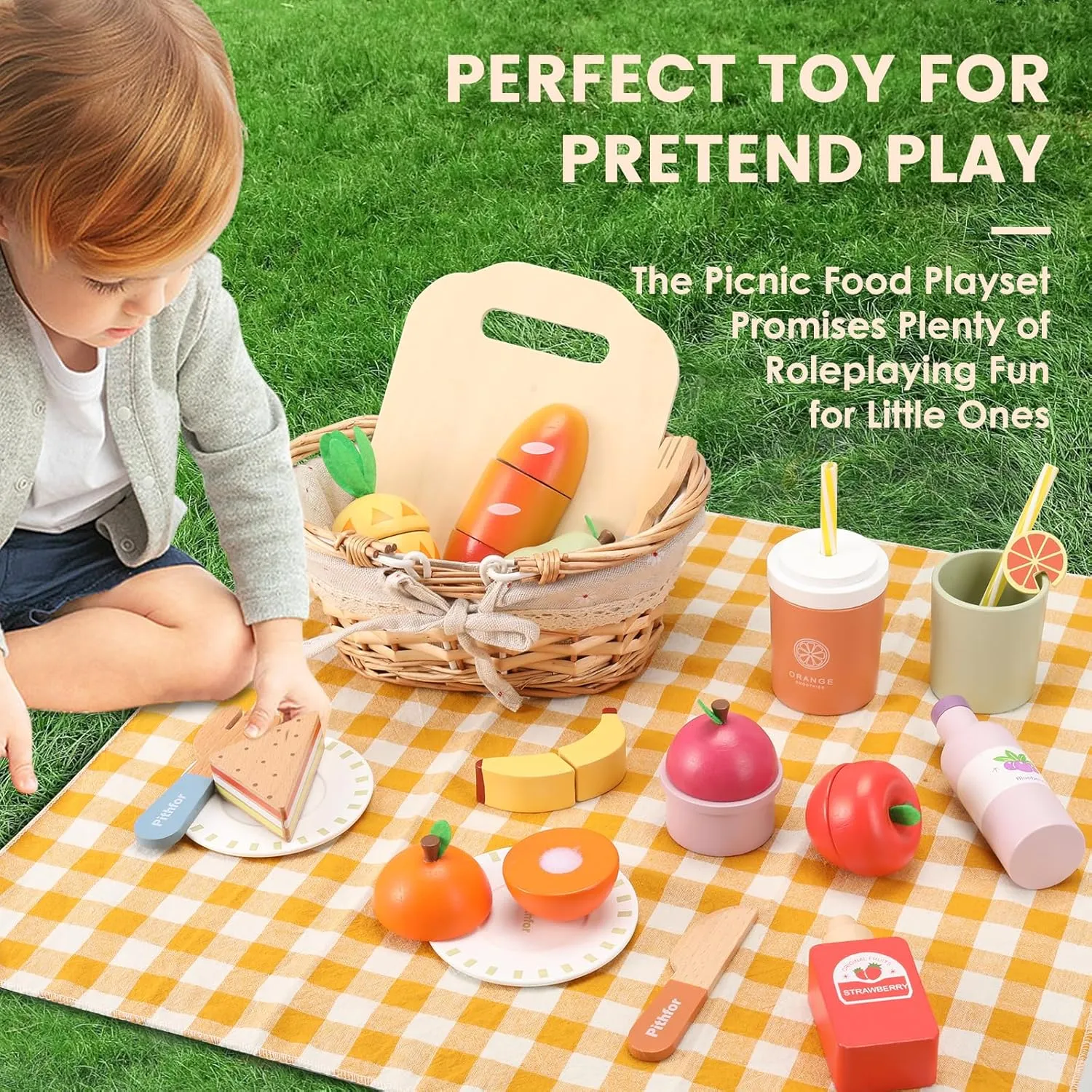 Picnic Playset, Wooden Play Food Set for Kids Kitchen, Cutting Pretend Play Kitchen Food Toy for Toddlers Girls Boys 3 4 5 Years Old