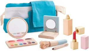 PlanToys Make Up Set for Kids - Sustainably Made from Rubberwood Featuring Organic-Pigment Coloring and Water-Based Dyes with a Mirror, Brush, Bag, and 5 Pieces of Makeup