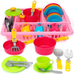 Play Dishes for Kids Kitchen | Pretend Play Kitchen Dishes Set with Drainer | Pretend Dishes Cookware Set | Fun and Colorful Toy Dishes Kit | Childrens Durable Tableware Playset (33 Pcs - Pink)