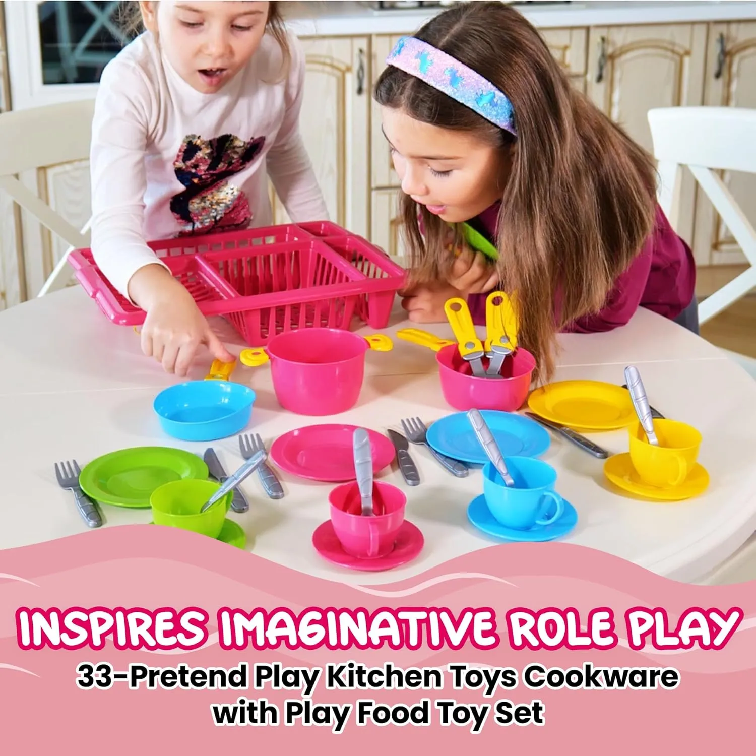 Play Dishes for Kids Kitchen | Pretend Play Kitchen Dishes Set with Drainer | Pretend Dishes Cookware Set | Fun and Colorful Toy Dishes Kit | Childrens Durable Tableware Playset (33 Pcs - Pink)