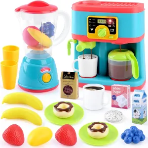 PLAY Kitchen Appliances Toys Set, Pretend Play Kids Kitchen Playset with Coffee Maker, Toy Blender and Play Foods, with Realistic Lights and Sounds, Play Kitchen Accessories Gift for Toddler Ages 3 