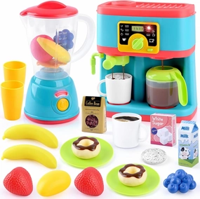 PLAY Kitchen Appliances Toys Set, Pretend Play Kids Kitchen Playset with Coffee Maker, Toy Blender and Play Foods, with Realistic Lights and Sounds, Play Kitchen Accessories Gift for Toddler Ages 3 