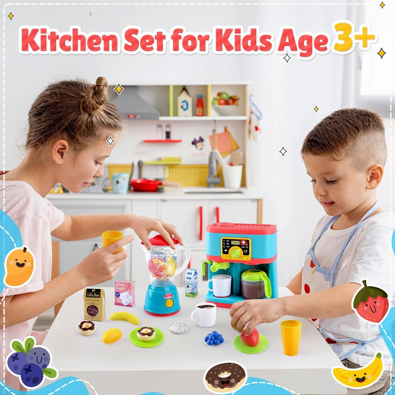 PLAY Kitchen Appliances Toys Set, Pretend Play Kids Kitchen Playset with Coffee Maker, Toy Blender and Play Foods, with Realistic Lights and Sounds, Play Kitchen Accessories Gift for Toddler Ages 3 